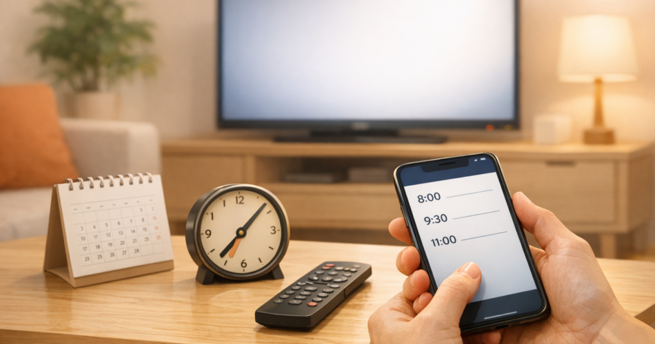 Telefonundan yayın saatlerini kontrol eden kişi ve arka planda televizyon
