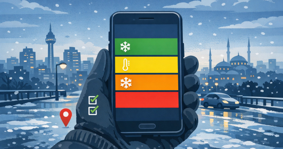 Kış şehir manzarasında telefonda renkli hava uyarı göstergeleri ve don-buzlanma simgeleri
