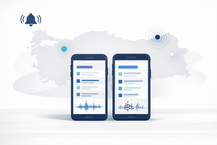 Son depremleri takip etmeyi simgeleyen iki telefon ve bildirim illüstrasyonu