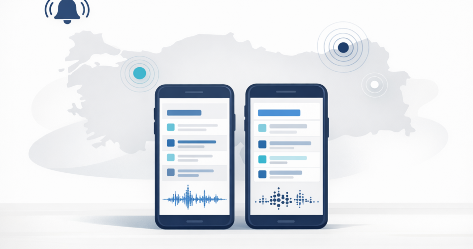 Son depremleri takip etmeyi simgeleyen iki telefon ve bildirim illüstrasyonu