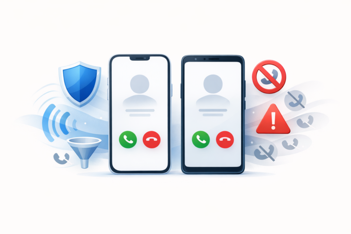 İki akıllı telefonda spam aramaların filtrelenmesini anlatan sade illüstrasyon