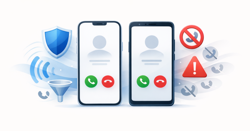 İki akıllı telefonda spam aramaların filtrelenmesini anlatan sade illüstrasyon