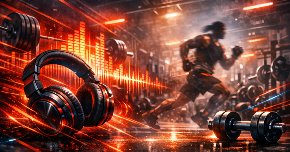 Spor yaparken dinlenecek müzikler için enerjik gym atmosferi ve bass dalgaları illüstrasyonu