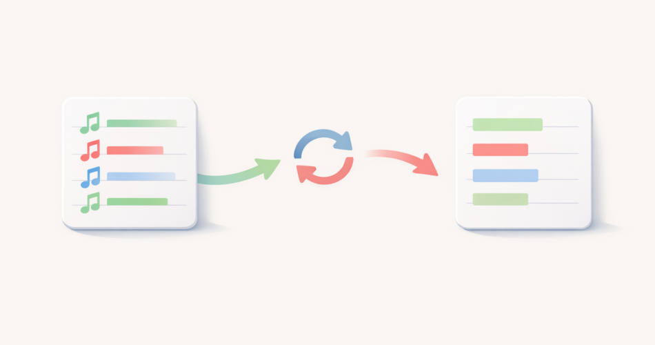 Bir çalma listesinin iki farklı liste kartı arasında aktarımını gösteren illüstrasyon