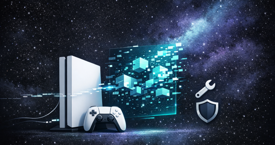 Uzay temalı arka planda, markasız konsol ve kopan sinyal ile çökme sorunu illüstrasyonu