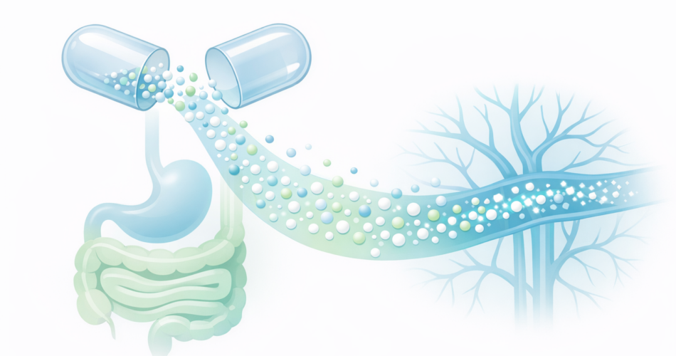Kapsülden çıkan parçacıkların bağırsaktan kana geçişini gösteren illüstrasyon