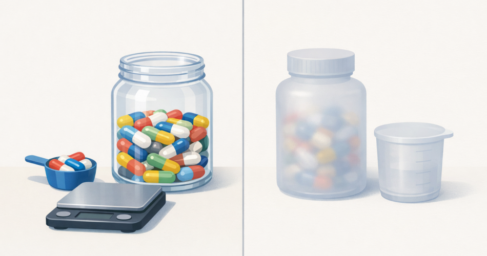 Şeffaf ve opak iki takviye şişesiyle içerik belirsizliğini anlatan illüstrasyon