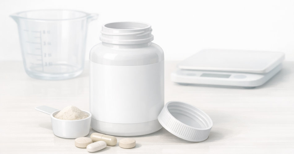 Ölçü kaşığı ve markasız supplement şişesi illüstrasyonu