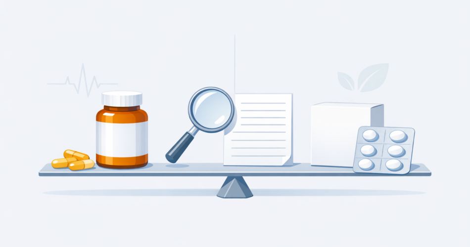 Takviye şişesi ile ilaç kutusunun dengede gösterildiği illüstrasyon