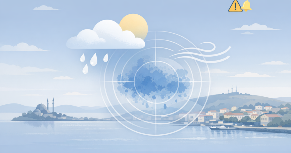 Tekirdağ için saatlik tahmin, rüzgâr ve yağış radarını simgeleyen illüstrasyon