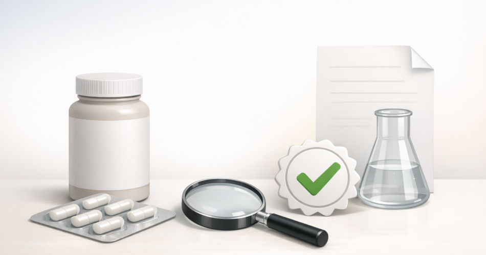 Takviye şişesi, büyüteç ve sertifika simgesiyle kalite kontrol illüstrasyonu