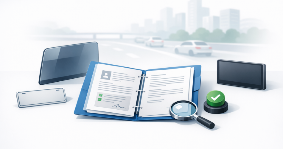 Resmî belge ve büyüteçle trafik yönetmeliği değişikliği kontrolünü simgeleyen illüstrasyon