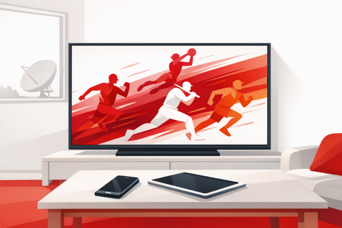 TV ve telefonda spor yayını izleme ve uydu bağlantısı temalı illüstrasyon