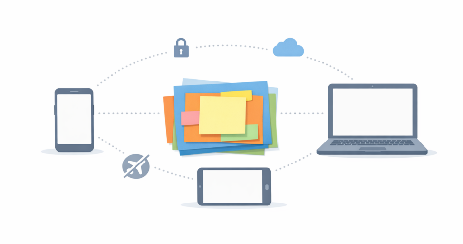 Telefon, tablet ve bilgisayar arasında not senkronunu simgeleyen illüstrasyon