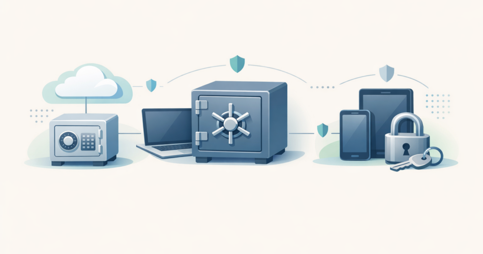 Yan yana duran farklı şifre kasaları ve kilitlerle karşılaştırma illüstrasyonu