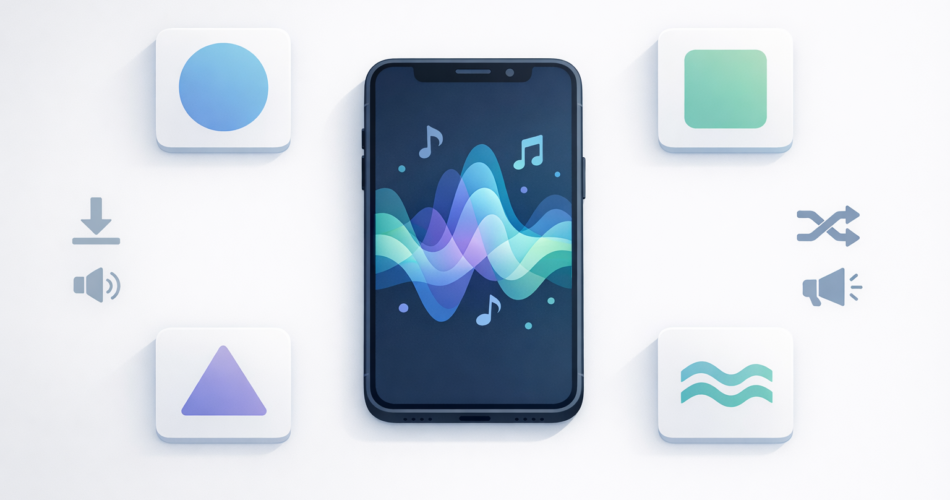 Telefon ve kulaklık etrafında birden fazla müzik uygulamasını simgeleyen nötr ikonlar