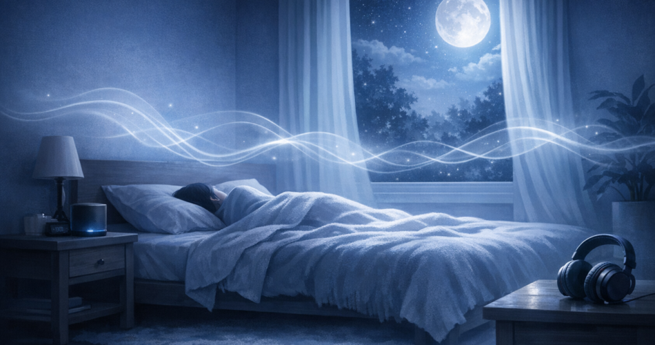 Uyurken dinlenecek müzikler için ay ışıklı yatak odası ve yumuşak ses dalgaları illüstrasyonu