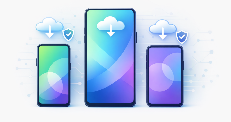 Birden fazla telefona dağıtılan yazılım güncellemesini simgeleyen illüstrasyon