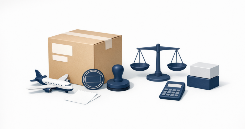 Kargo kutusu, uçak ve gümrük mührüyle vergi hesabı simgesi