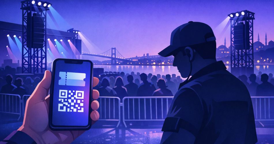 İstanbul’da açık hava konserine girişte bilet kontrolünü simgeleyen illüstrasyon