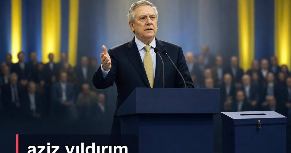 Aziz Yıldırım’ın adaylık açıklamasını temsil eden kürsü ve seçim sandığı illüstrasyonu.