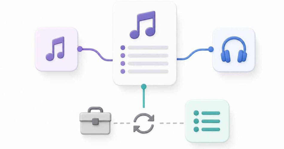 Üç müzik platformu arasında çalma listesi aktarımını gösteren şematik illüstrasyon