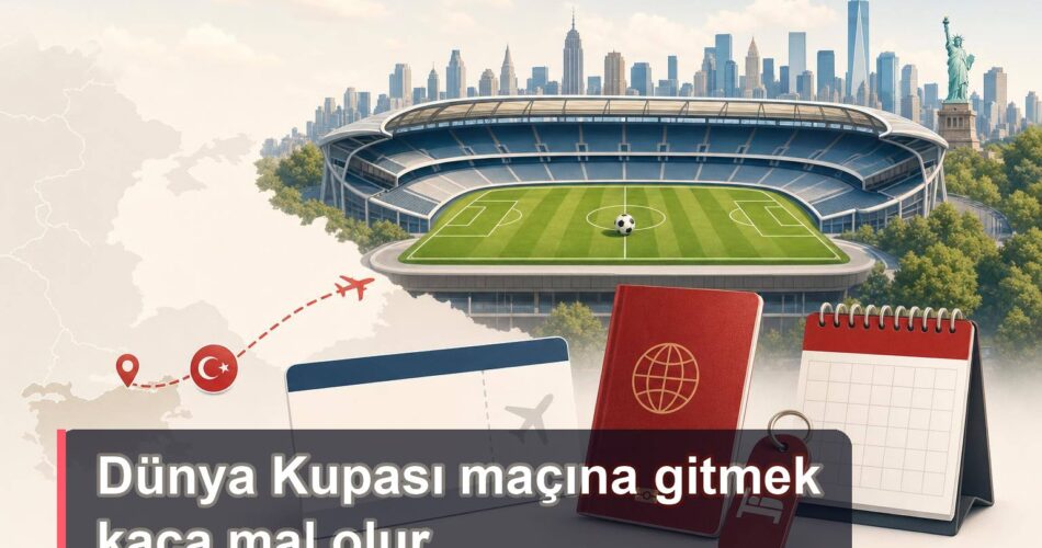 ABD’de Dünya Kupası Maçına Gitmek Kaça Mal Olur? Bilet, Uçak, Otel ve Vize Hesabı 1 Dünya Kupası 2026 için ABD’ye maç seyahati maliyetlerini simgeleyen stadyum ve seyahat öğeleri.