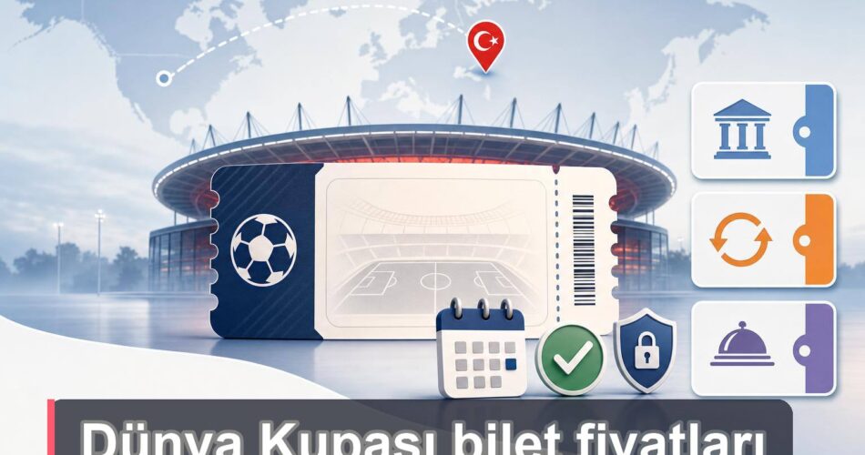 Stadyum önünde bilet, takvim ve güvenlik simgeleriyle Dünya Kupası bilet kontrolü illüstrasyonu.