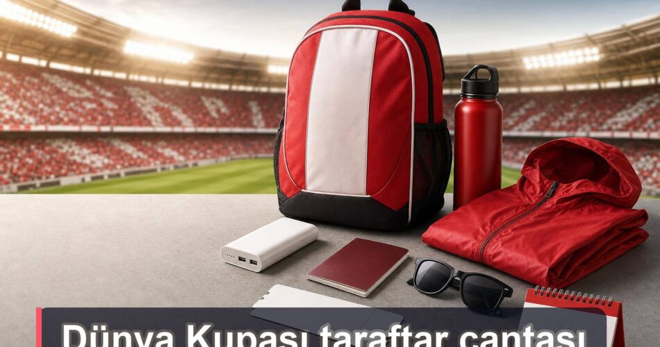 Stadyum önünde maç günü için hazırlanmış taraftar çantası ve temel eşyalar.
