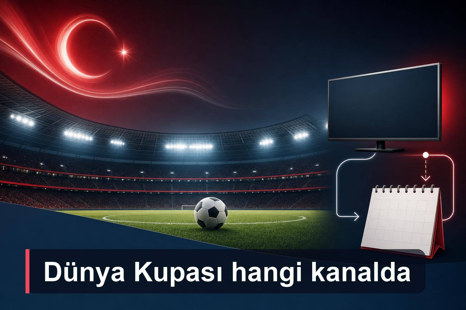 Stadyum, televizyon ve takvimle Dünya Kupası yayın rehberi görseli.