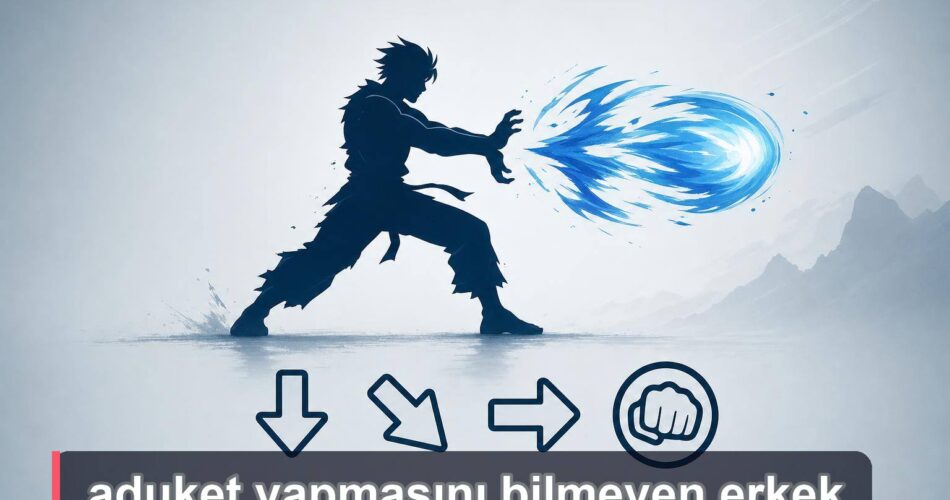 Soyut bir dövüş oyunu karakteri ve Hadouken komutunu anlatan yön ikonları.