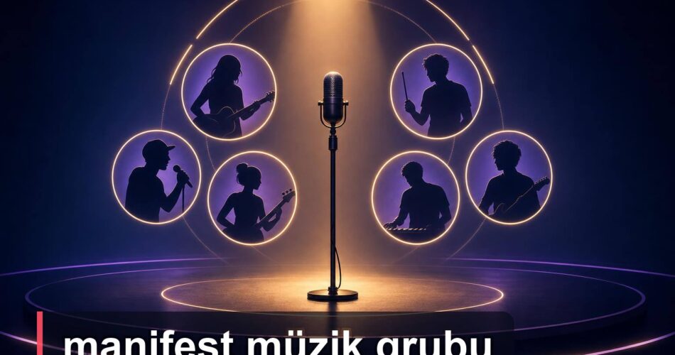 Sahne ışıkları altında altı kişilik pop grubunu simgeleyen mikrofon ve soyut figürler
