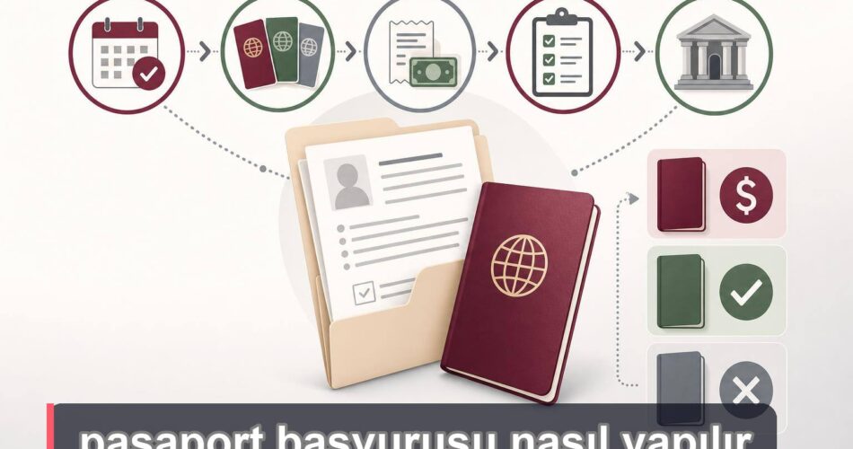 Pasaport başvurusu adımlarını gösteren sade akış illüstrasyonu.