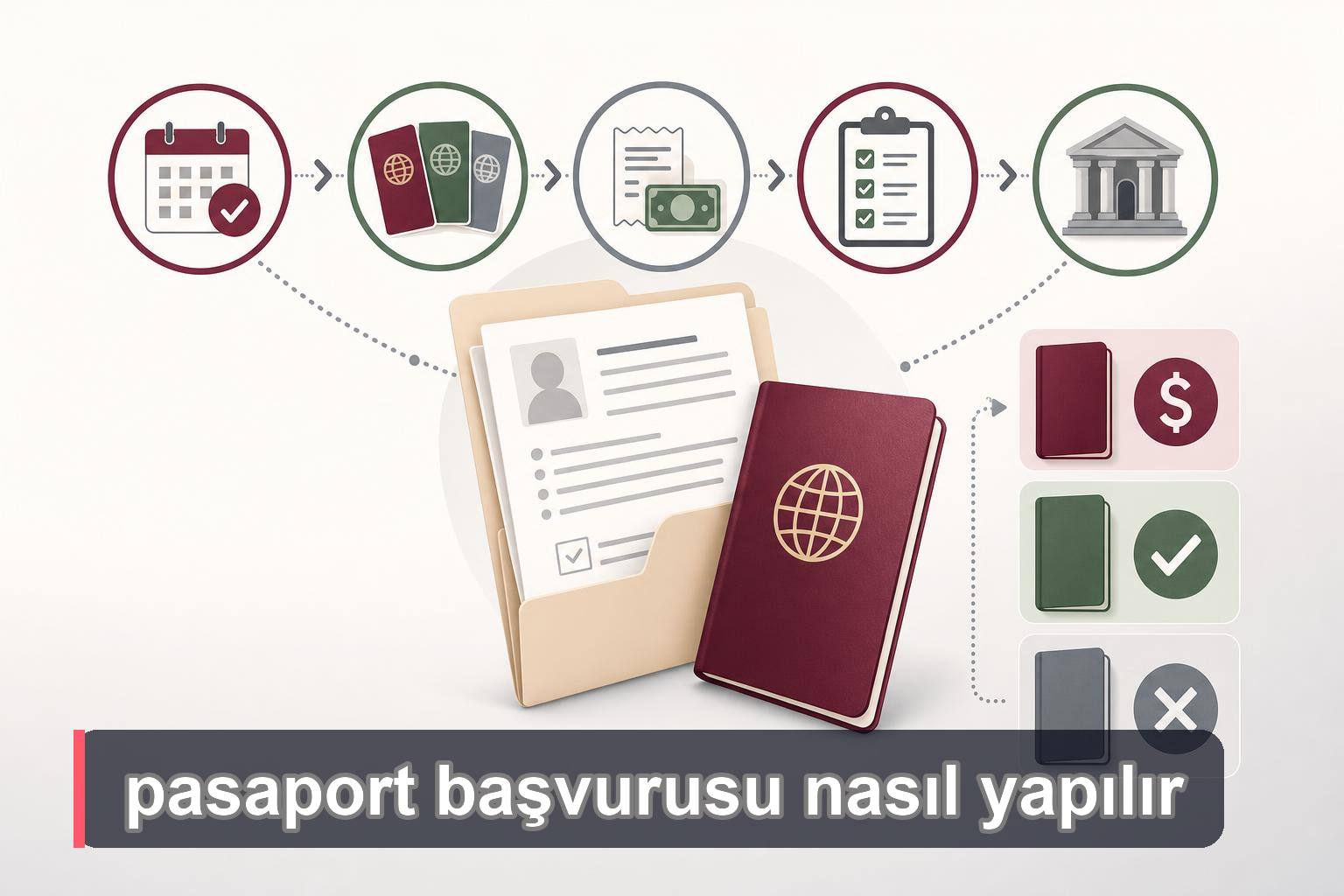 Pasaport başvurusu adımlarını gösteren sade akış illüstrasyonu.