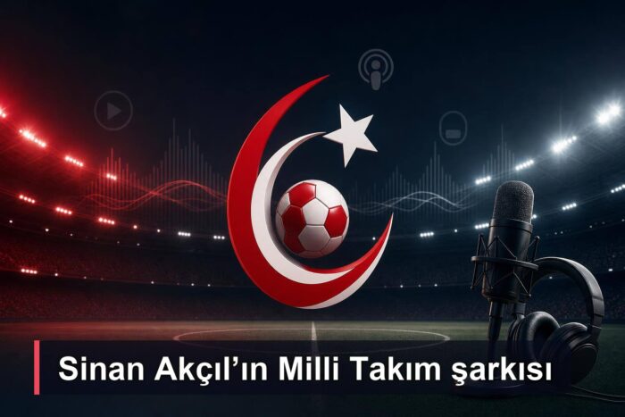 Kırmızı-beyaz futbol sahasında mikrofon ve dijital müzik dalgaları.