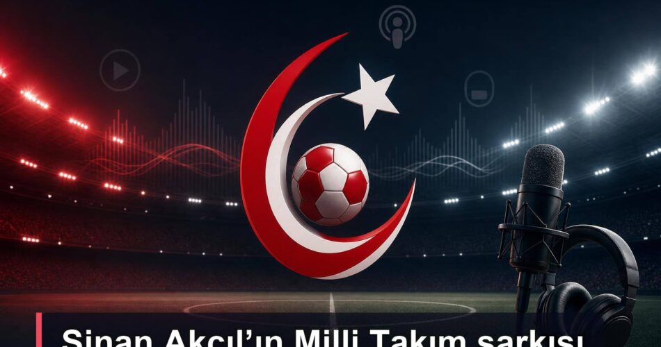 Kırmızı-beyaz futbol sahasında mikrofon ve dijital müzik dalgaları.