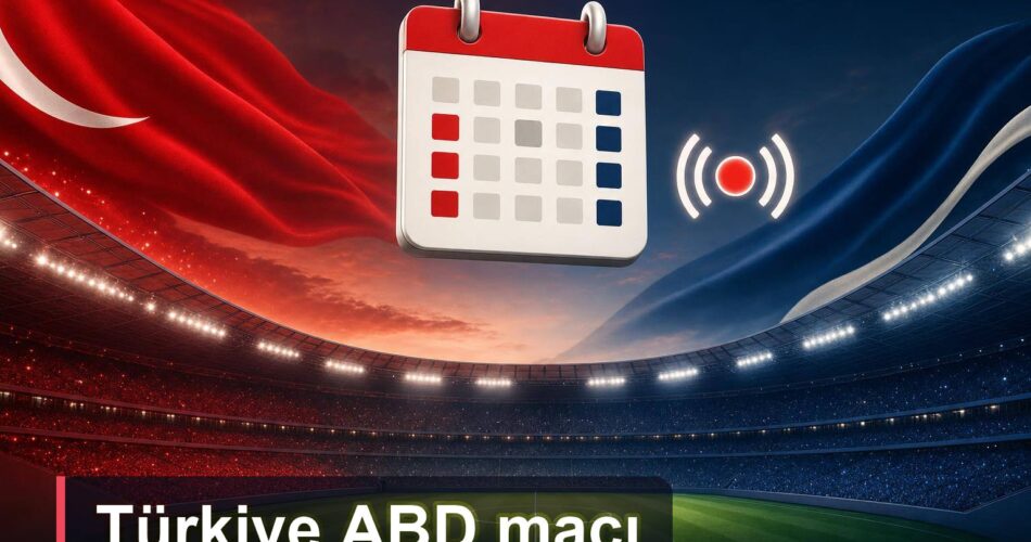 Türkiye ABD maçı için stadyum ve takvim temalı rehber görseli.