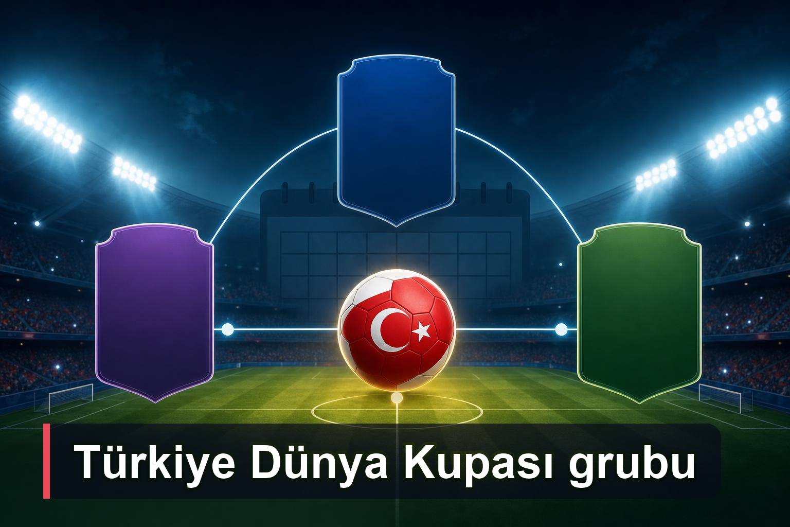 Türkiye’nin 2026 Dünya Kupası grup yolunu gösteren stadyum temalı rehber illüstrasyonu.