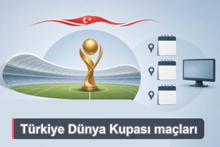Türkiye Dünya Kupası maçları için stadyum, takvim ve yayın simgeleriyle hazırlanmış rehber görseli