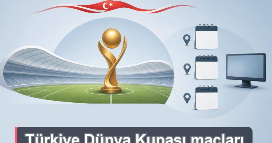 Türkiye Dünya Kupası maçları için stadyum, takvim ve yayın simgeleriyle hazırlanmış rehber görseli