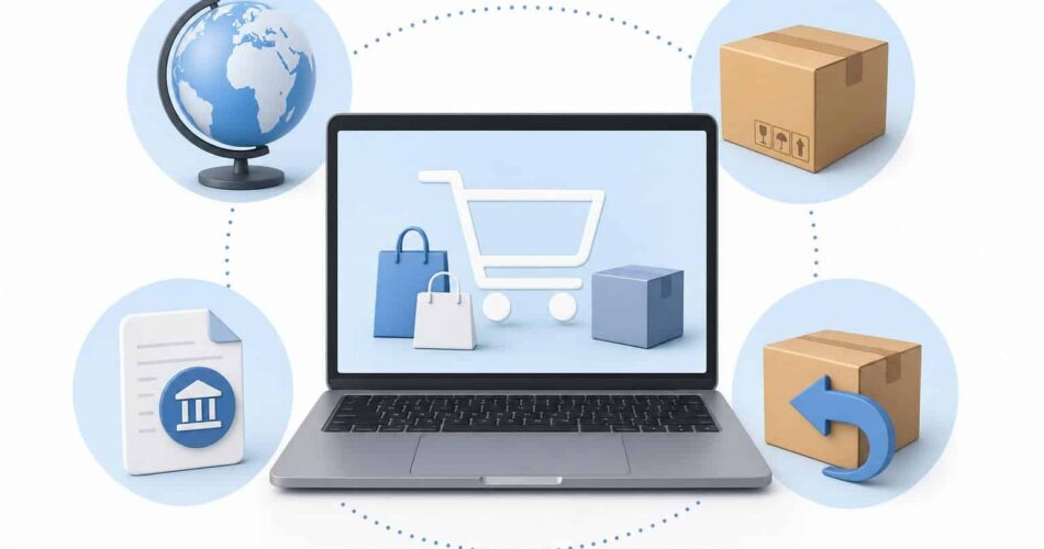 Yurtdışı Alışveriş Siteleri – Temu, Amazon, AliExpress ve Diğer Güvenilir Siteler 1 Yurtdışı alışveriş seçeneklerini simgeleyen bilgisayar, paket ve dünya illüstrasyonu