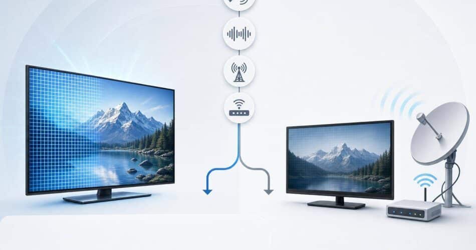 2026 Dünya Kupası TRT Yayını: HD/4K, Frekans ve Sinyal Kontrol Rehberi 1 4K beklentisi ve HD izleme çözümü arasında yayın, frekans ve sinyal kontrolünü gösteren sade karar akışı.