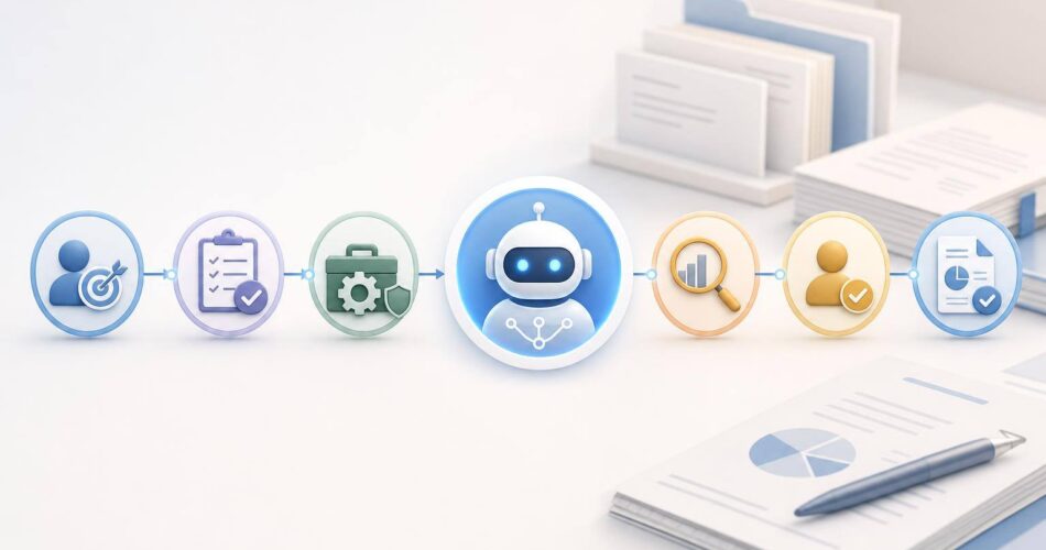 Agentic AI sürecini gösteren sade kurumsal iş akışı illüstrasyonu.
