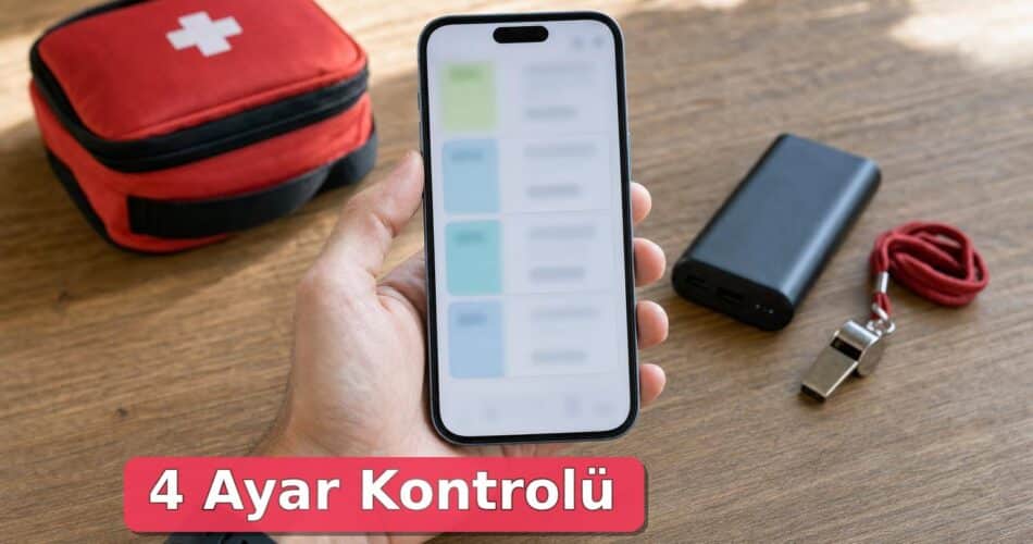 Masa üzerinde acil durum eşyaları yanında ayar ekranı açık bir akıllı telefon.