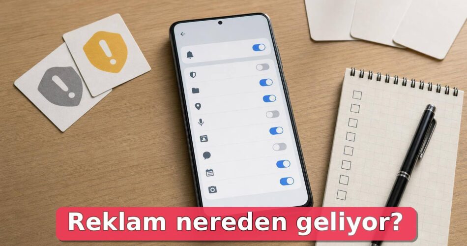 Masa üzerinde bildirim ve izin ayarları kontrol edilen Android telefon.