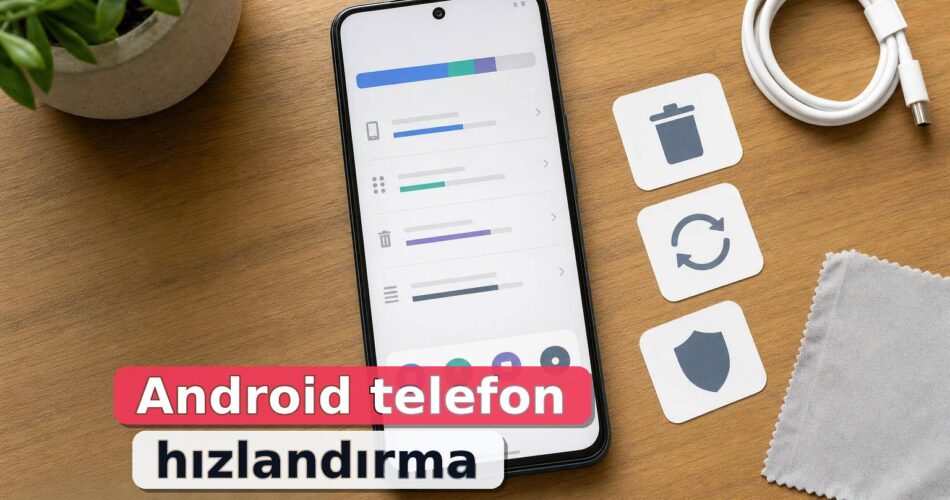Masada açık ayarlar ekranıyla duran Android telefon ve güvenli temizlik adımlarını simgeleyen ikonlar.
