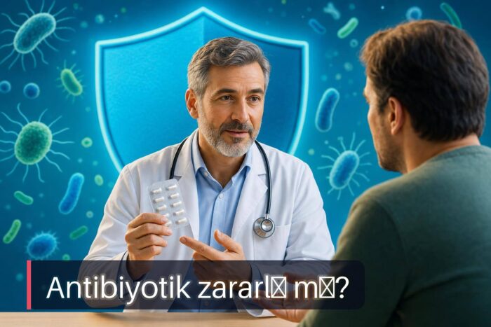 Antibiyotik zararlı mı sorusunu anlatan başlıklı sağlık rehberi görseli