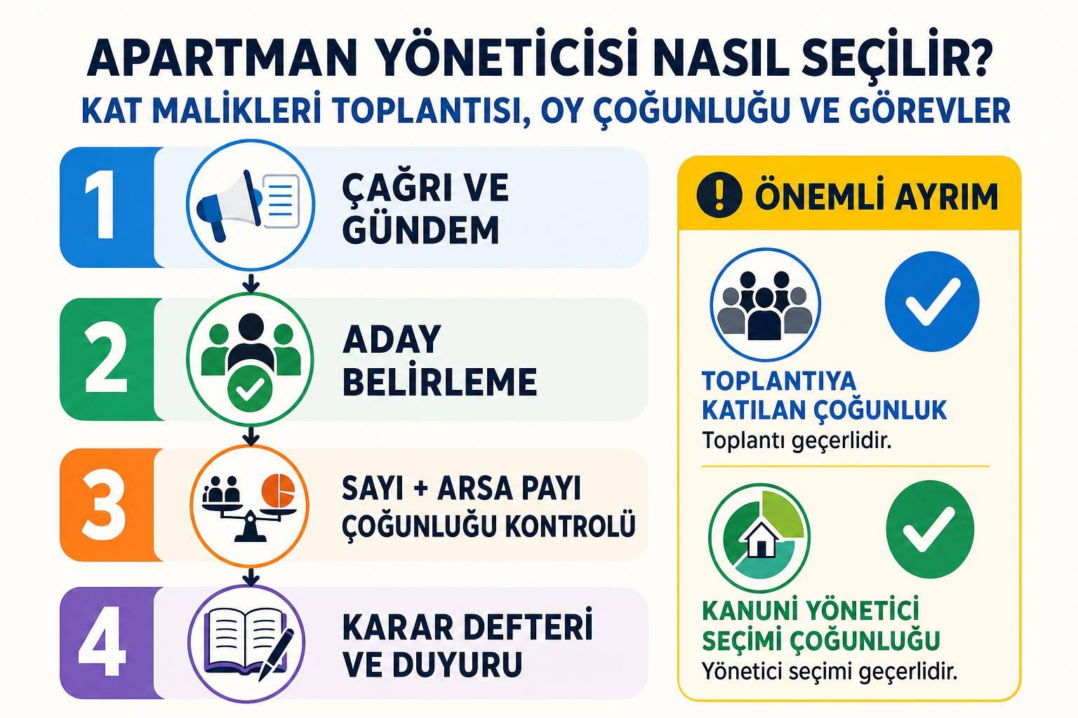Apartman Yöneticisi Nasıl Seçilir? Kat Malikleri Toplantısı, Oy Çokluğu ve Görevler adım şeması