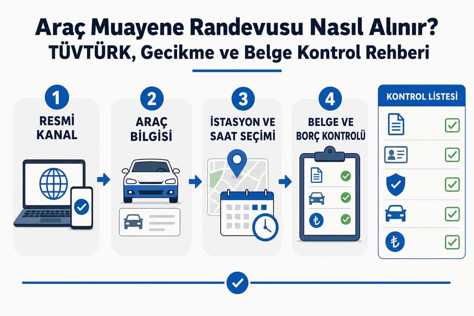 Araç Muayene Randevusu Nasıl Alınır? TÜVTÜRK, Gecikme ve Belge Kontrol Rehberi 2 Araç Muayene Randevusu Nasıl Alınır? TÜVTÜRK, Gecikme ve Belge Kontrol Rehberi adım şeması