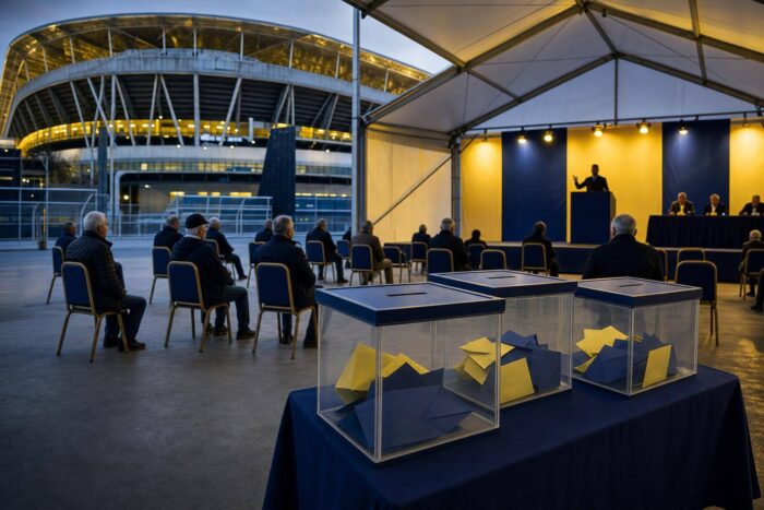 Fenerbahçe genel kurul alanında sandıklar ve kongre kürsüsü.